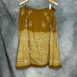 ECI New York Peasant Skirt Women 12 Boho Hippie Sequin Cotton Amber Ombre Comfy